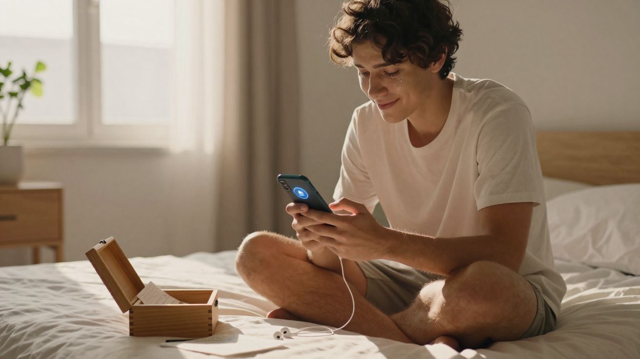 Jovem sentado na cama sorrindo enquanto usa um celular conectado a fones de ouvido, com caixa de madeira ao lado.