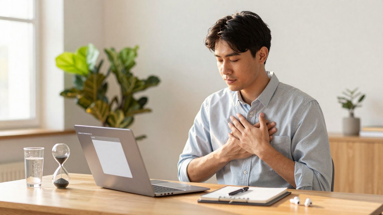 Homem sentado em escritório com mãos no peito, aparentando desconforto, à frente de laptop e mesa organizada.