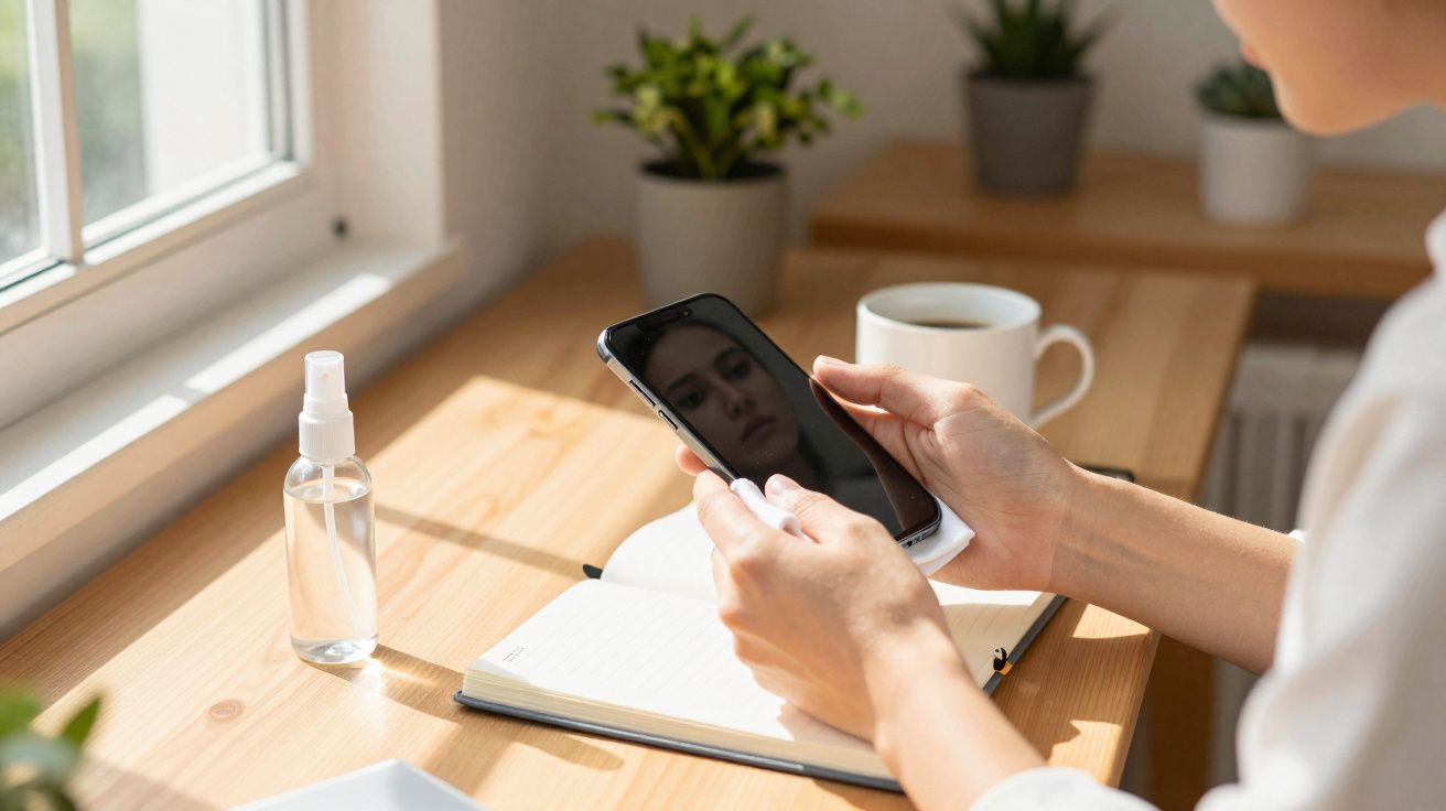Pessoa limpando a tela do celular com lenço em mesa com caderno, copo de café e plantas.