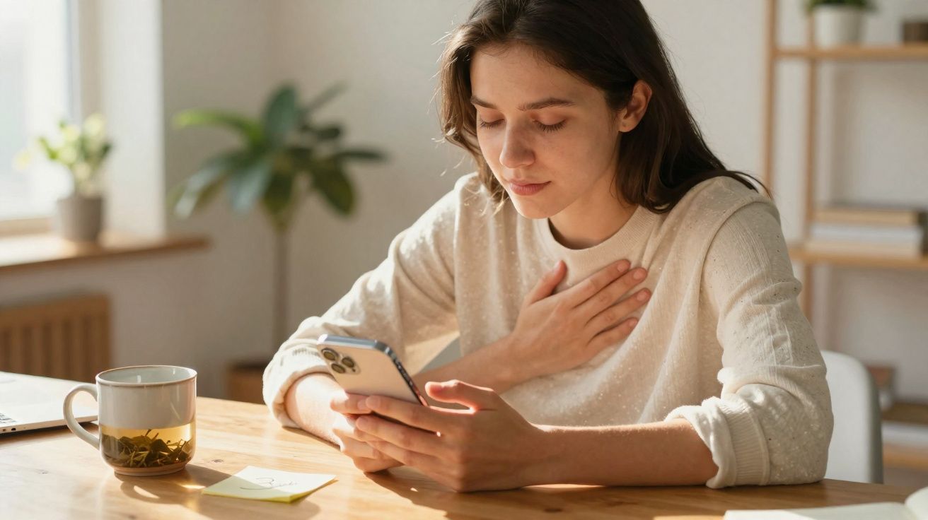 Jovem sentada à mesa segurando celular com uma mão no peito, ao lado uma xícara de chá.