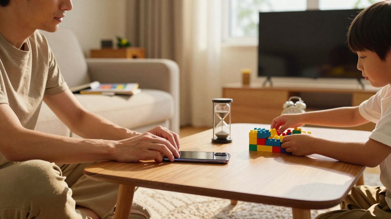 Adulto e criança sentados à mesa de centro, criança brincando com blocos de montar coloridos.