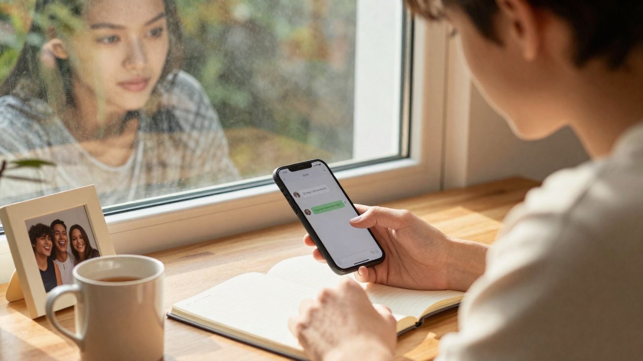 Pessoa segurando celular com mensagem, copo de café, caderno aberto e foto ao lado, janela com reflexo feminino atrás.