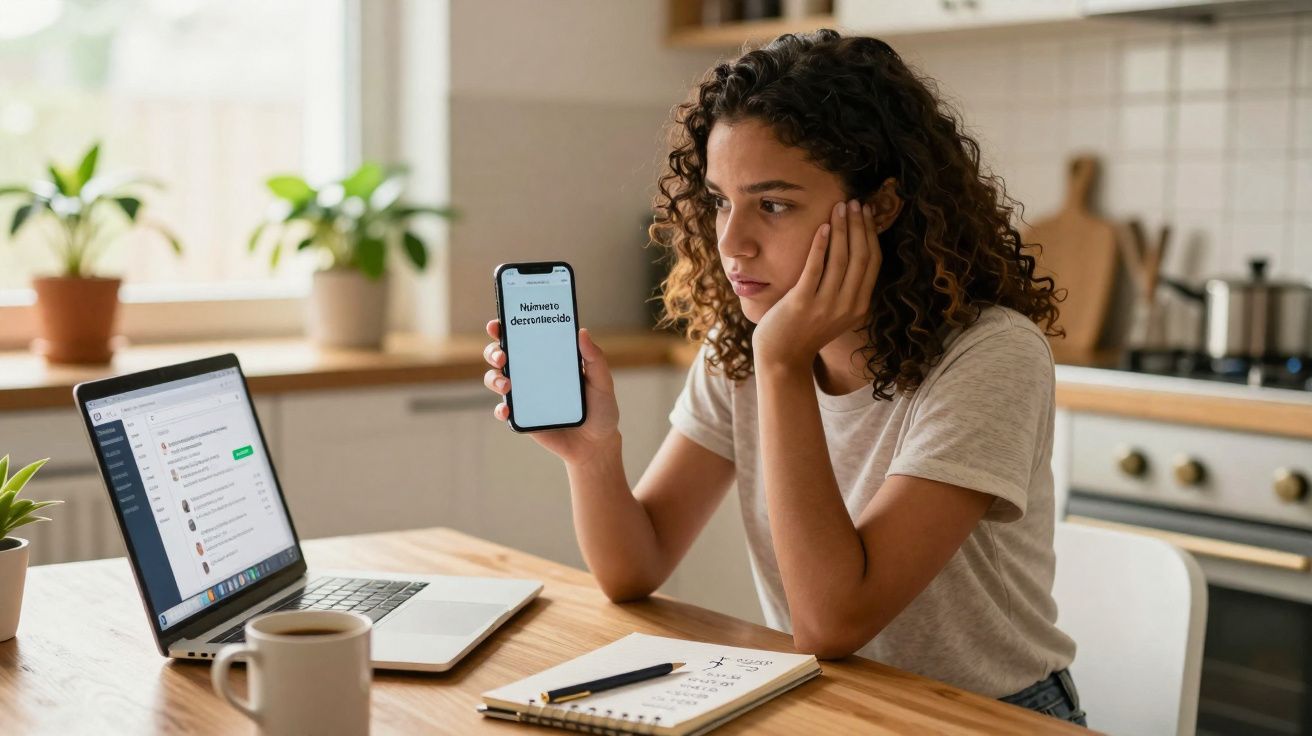 Mulher preocupada mostra celular com mensagem "Pagamento demorado" enquanto trabalha em laptop na cozinha.
