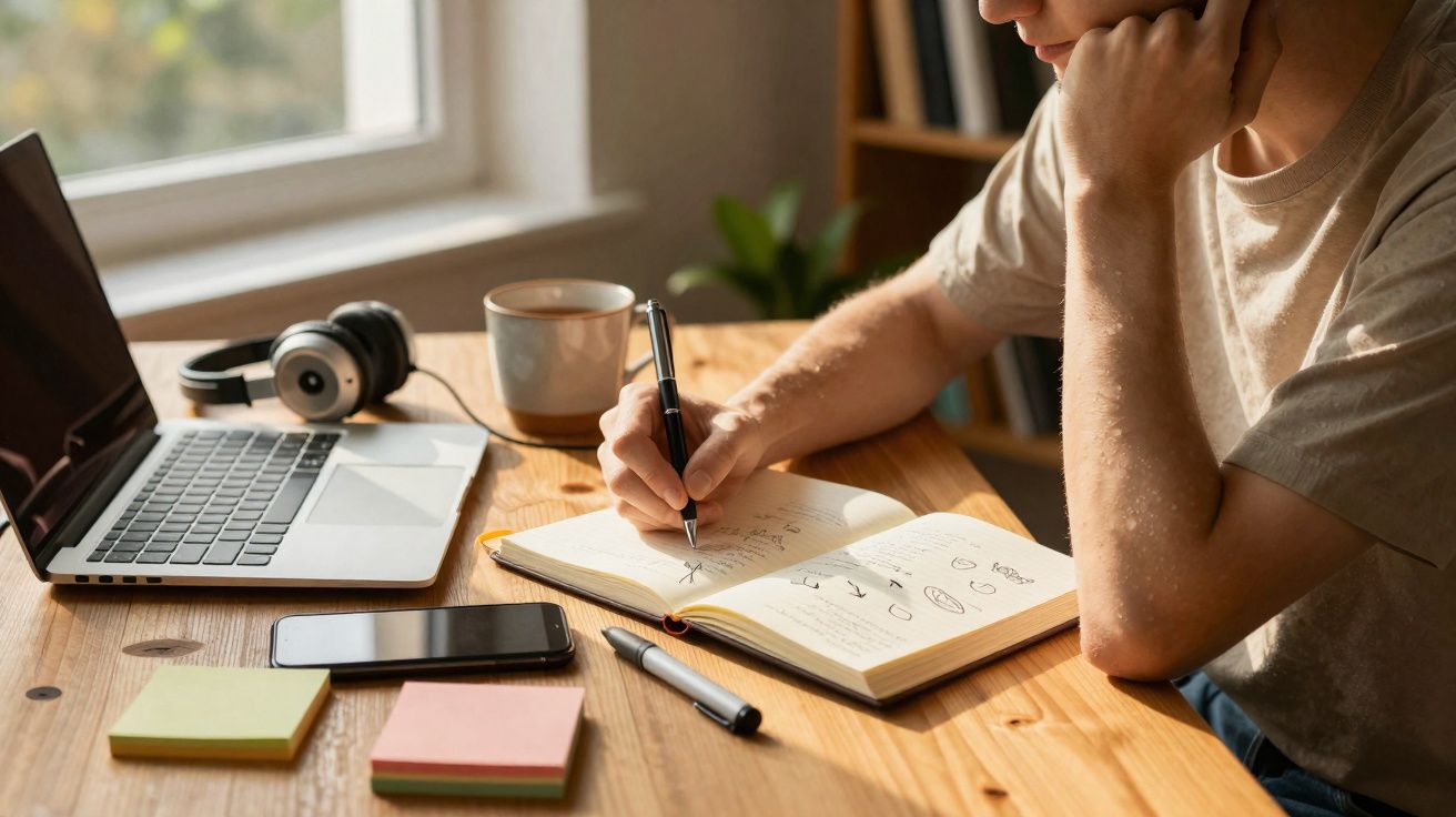 Pessoa escrevendo em caderno ao lado de laptop, fones, celular, caneta, blocos de notas e xícara de café.