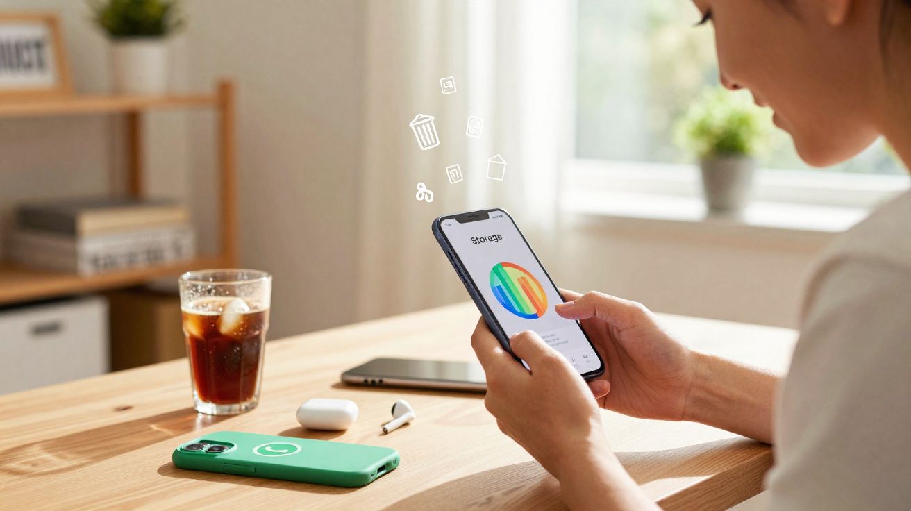 Pessoa usando smartphone com gráfico de armazenamento na tela, mesa com copo de bebida, fones e celular verde.