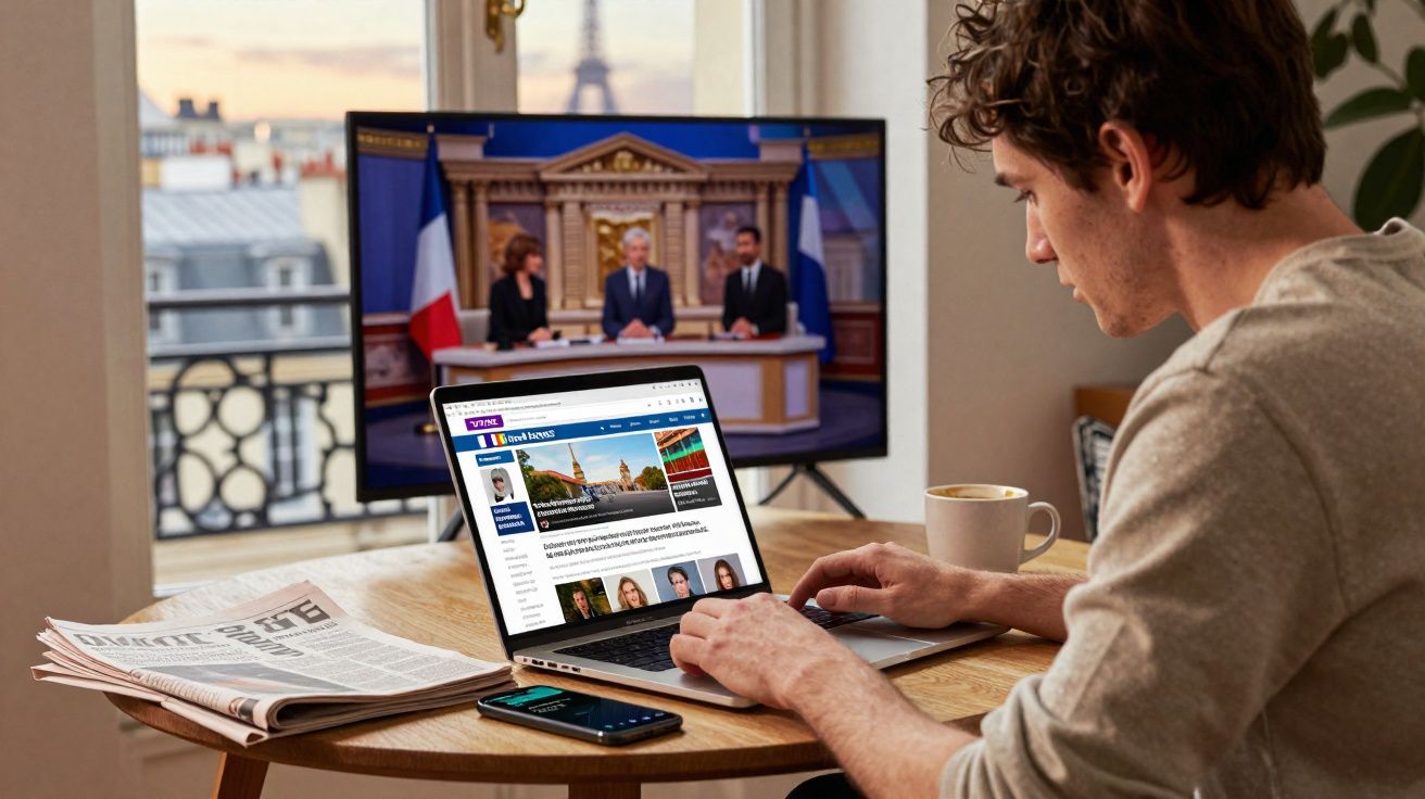 Homem sentado em mesa com laptop, jornal, celular e café, com TV ligada ao fundo mostrando noticiário.