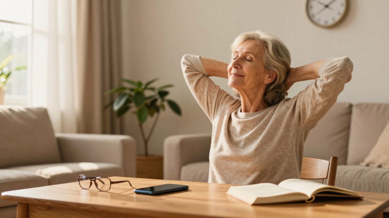 Mulher idosa relaxando, sentada à mesa com livro aberto, celular e óculos em ambiente acolhedor.