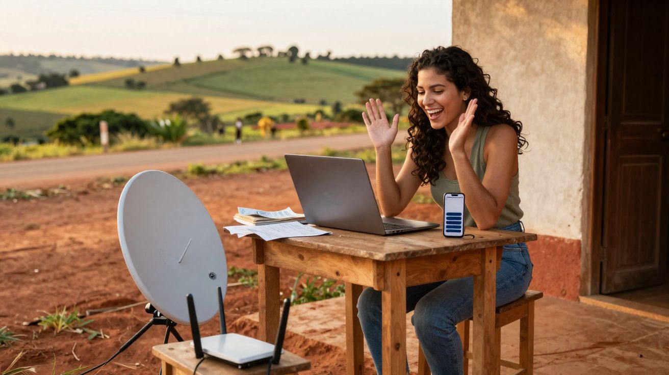 Mulher sorridente usando laptop em área rural, com antena parabólica e roteador ao lado.