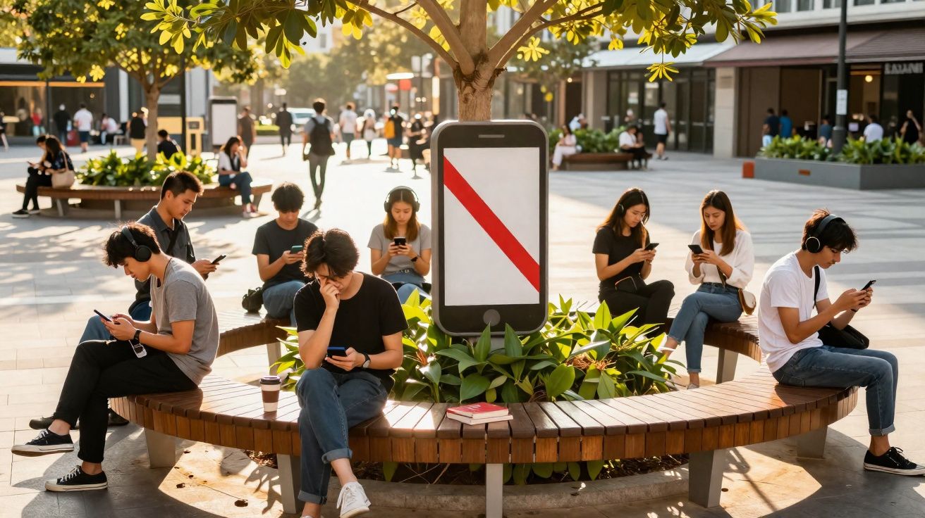 Pessoas sentadas em banco circular ao redor de árvore, todas olhando para seus celulares.