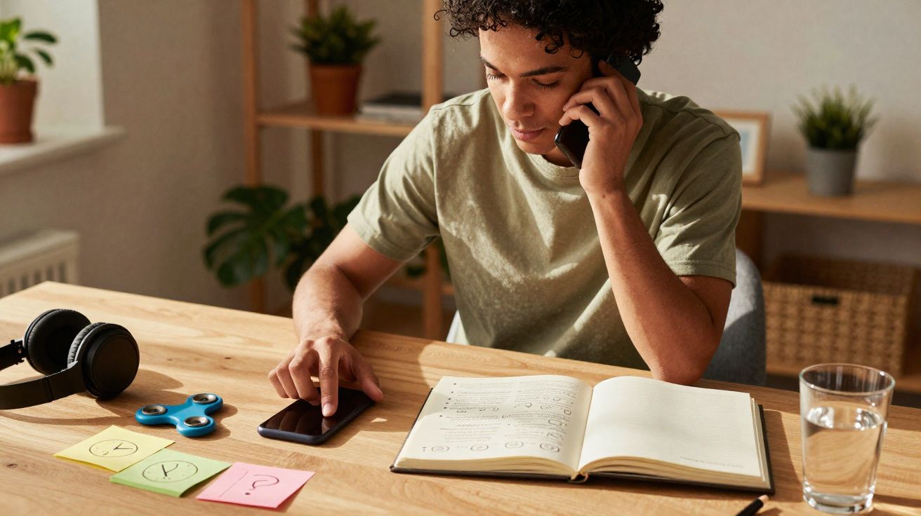 Jovem sentado em mesa com livro aberto, usando celular e falando ao telefone em ambiente iluminado.