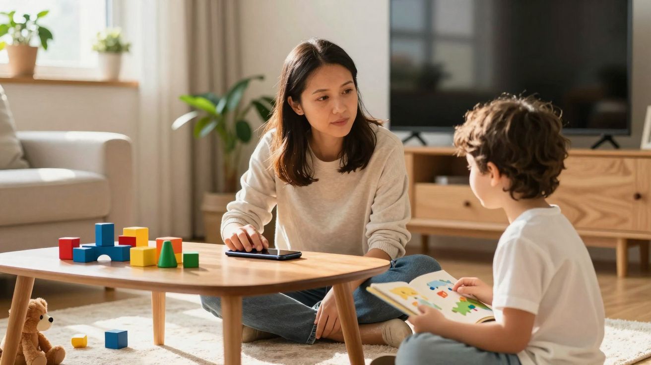 Mulher e criança sentados no chão em sala, brincando e lendo livro próximo a mesa baixa com blocos coloridos.