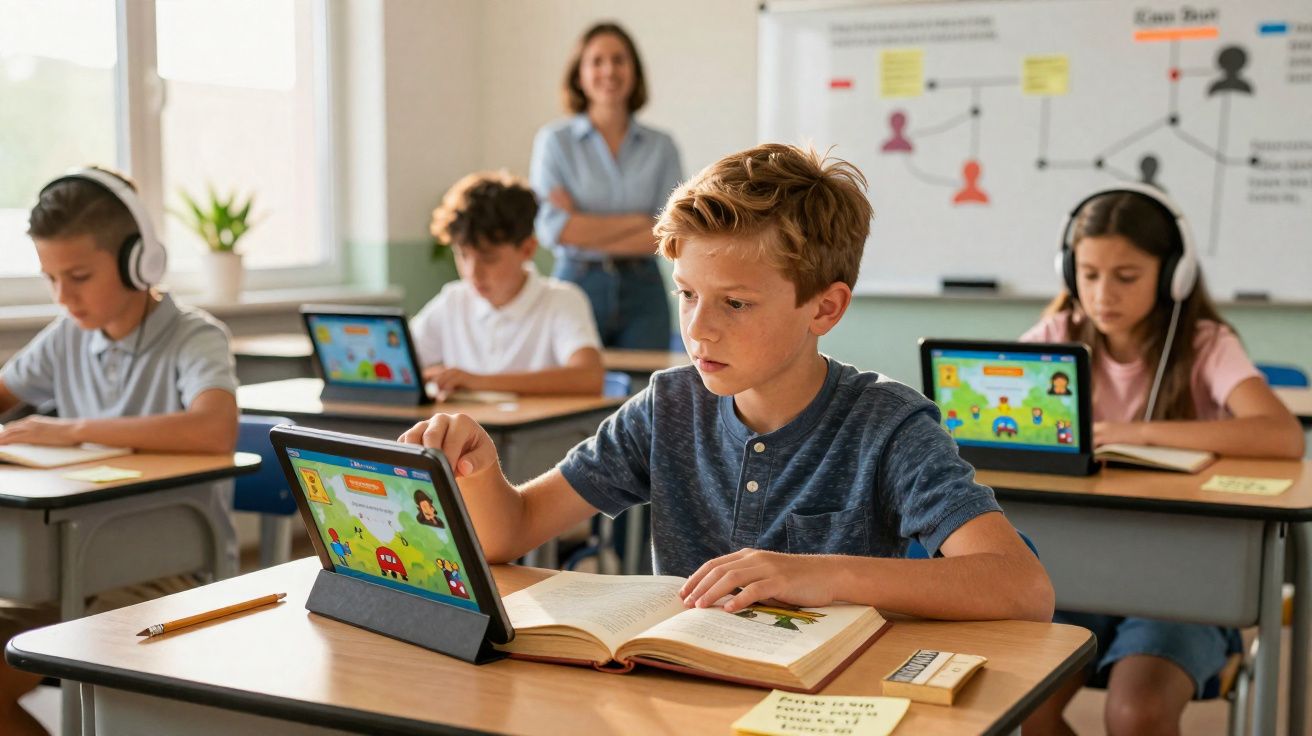 Crianças em sala de aula usam tablets e livros para estudar, com professora observando ao fundo.