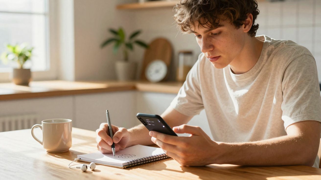 Jovem sentado à mesa usando celular e fazendo anotações em caderno com caneta, ao lado, xícara e fones.