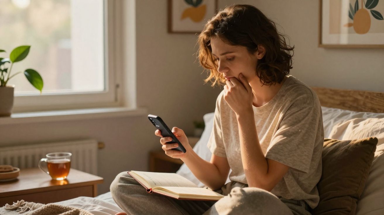 Mulher sentada na cama lendo um livro e olhando atentamente para o celular em um quarto iluminado.