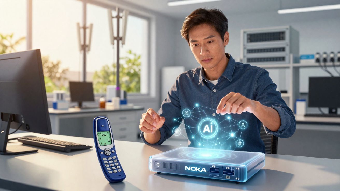 Homem em ambiente de escritório interage com projeção holográfica de IA sobre dispositivo Noka na mesa.