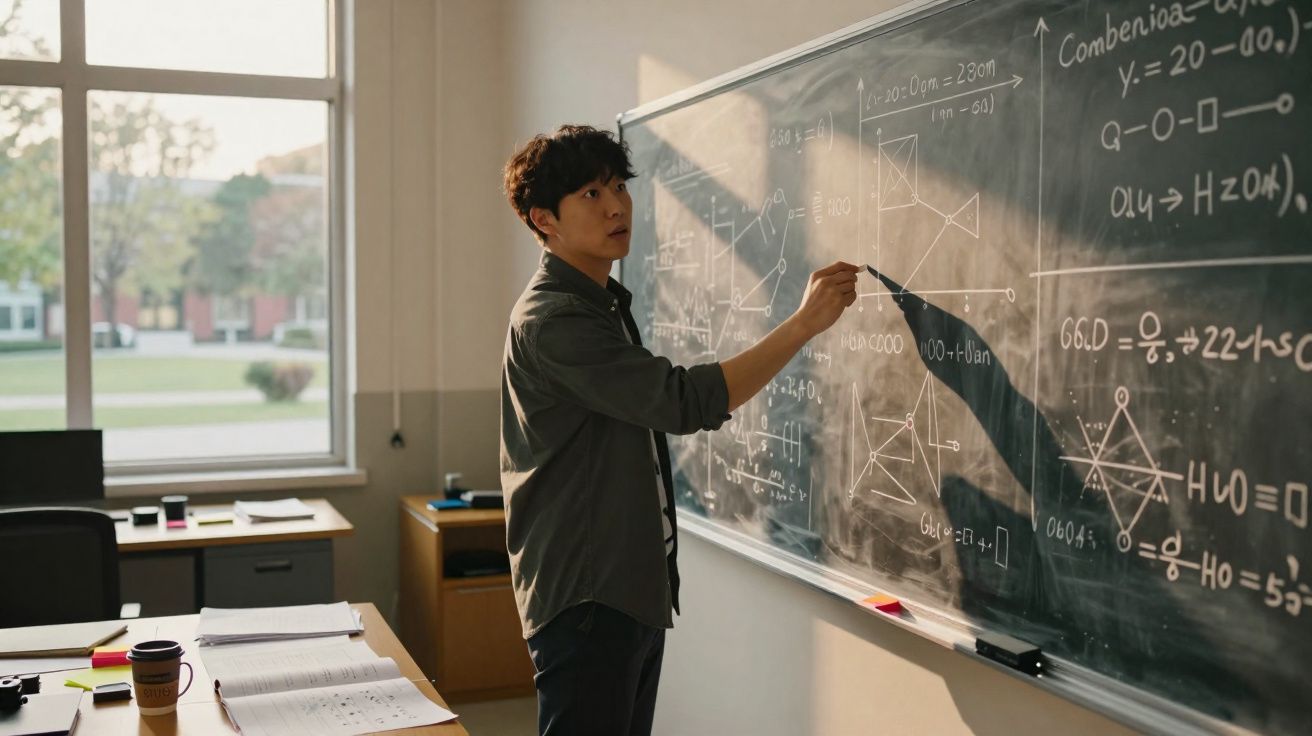 Homem jovem escrevendo fórmulas matemáticas em quadro negro dentro de sala de aula iluminada.