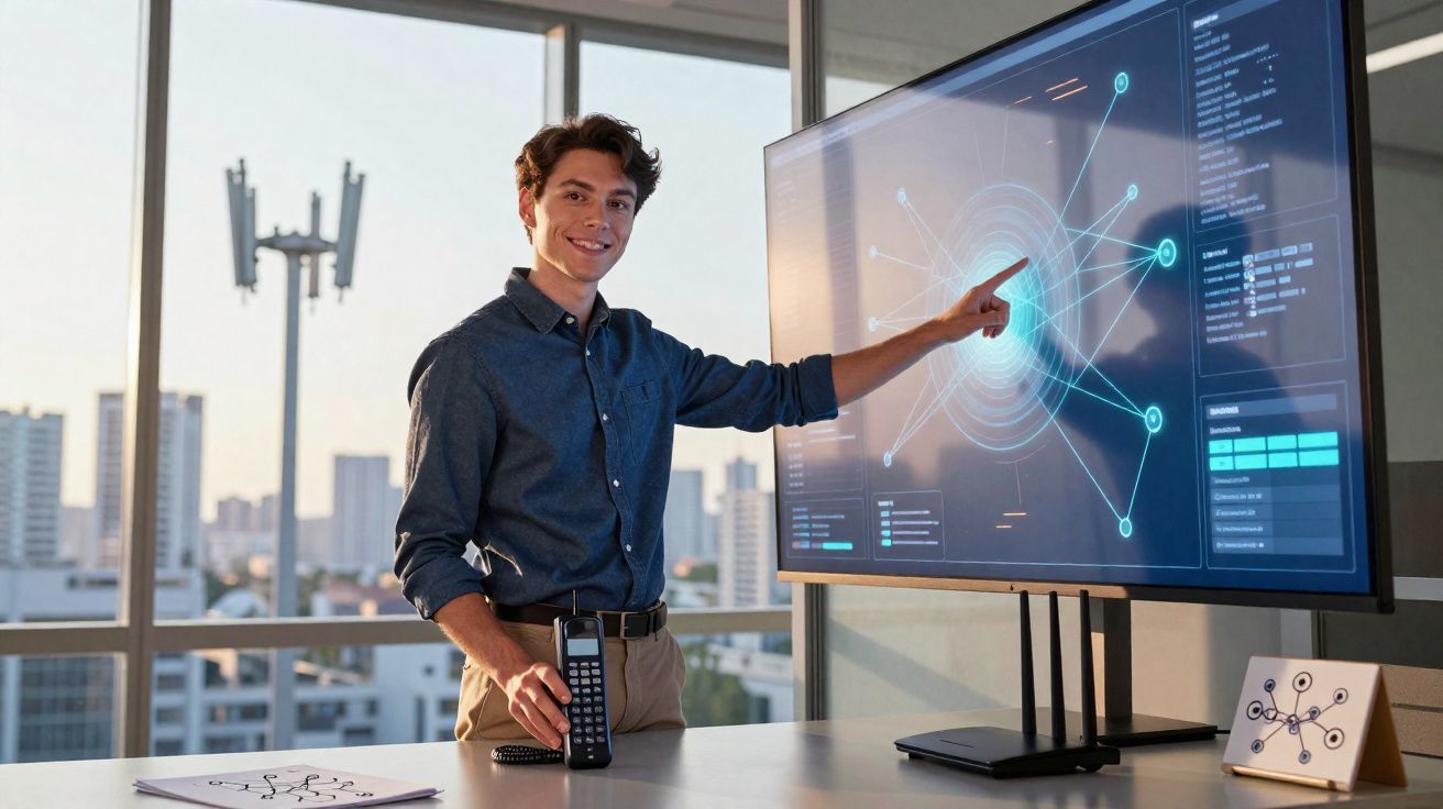 Homem aponta para gráfico digital conectado em tela grande em escritório moderno com vista urbana.