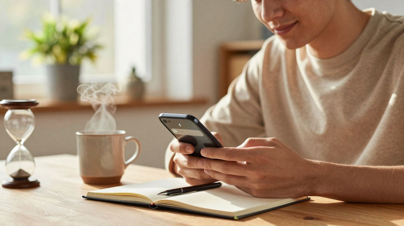Pessoa usando celular ao lado de caderno aberto, caneta, xícara com bebida quente e ampulheta sobre mesa de madeira.