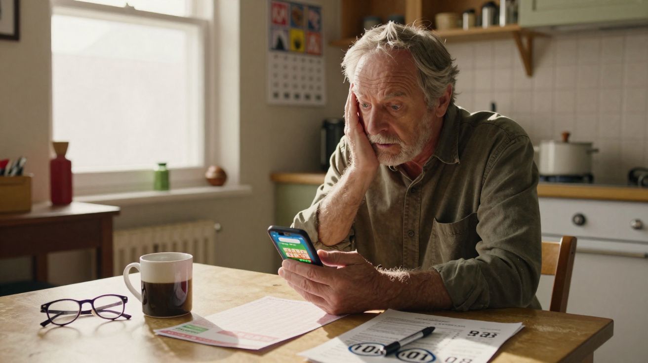 Homem idoso sentado à mesa segurando celular com expressão preocupada, ao lado de documentos e óculos.