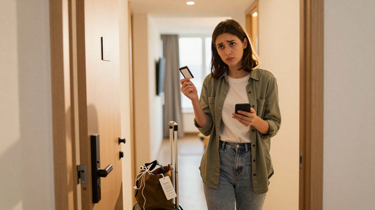 Mulher jovem em corredor de hotel com mala, olhando espelho de bolso e celular com expressão preocupada.