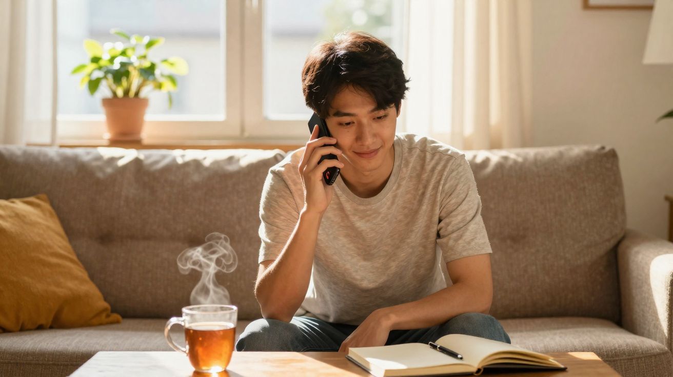 Jovem sentado no sofá falando ao celular com xícara de chá e caderno aberto sobre mesa à sua frente.
