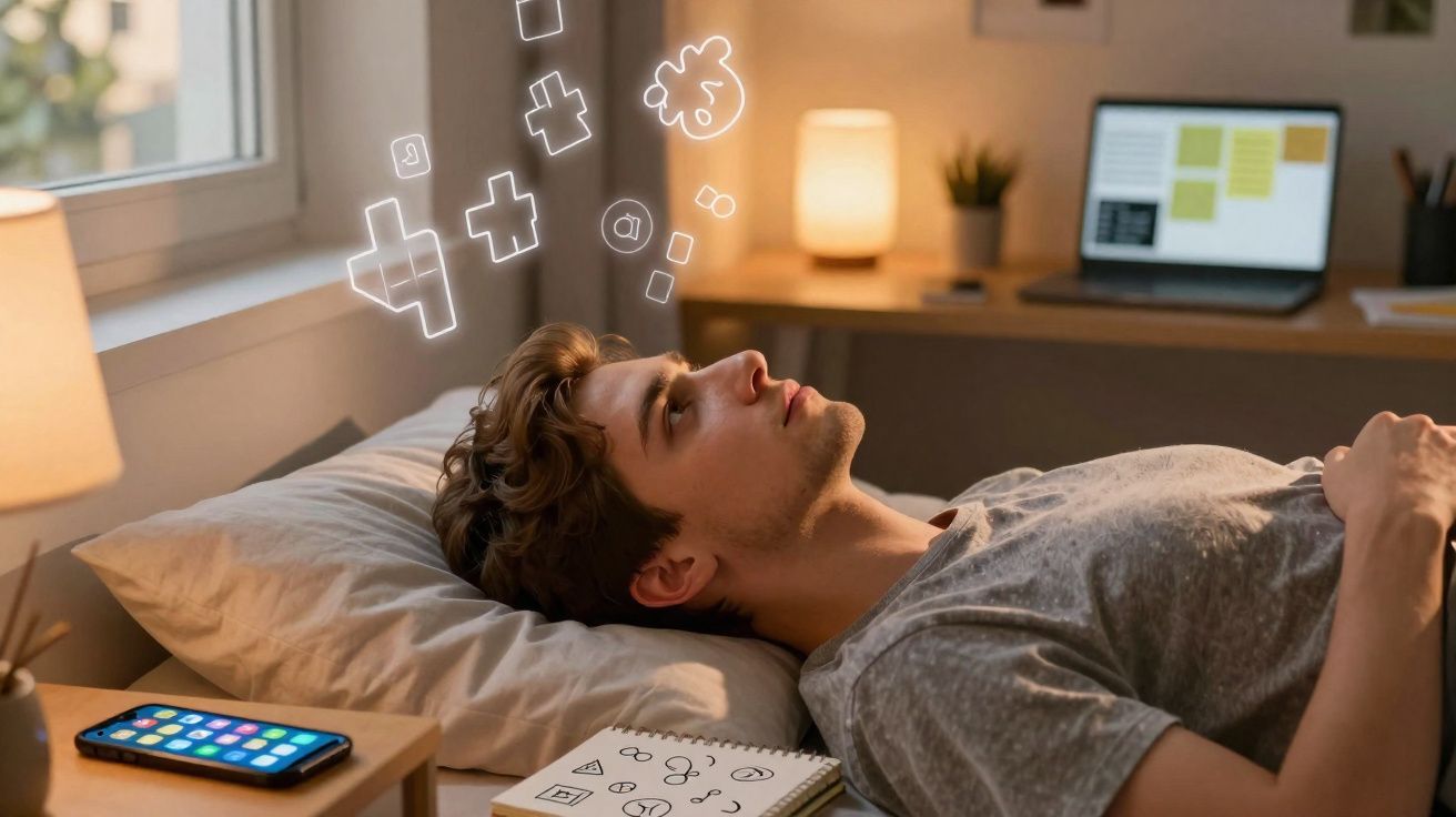 Jovem deitado na cama, olhando para o teto com ícones digitais flutuando acima da cabeça.