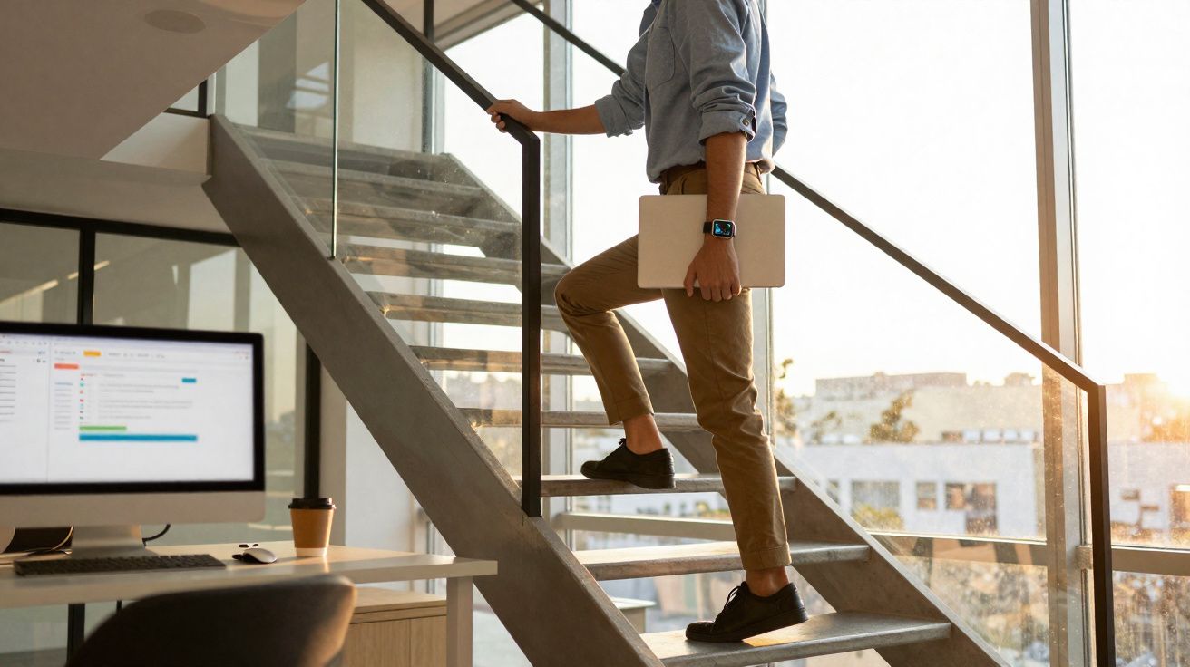 Pessoa subindo escada interna em escritório moderno, segurando laptop e usando relógio inteligente.