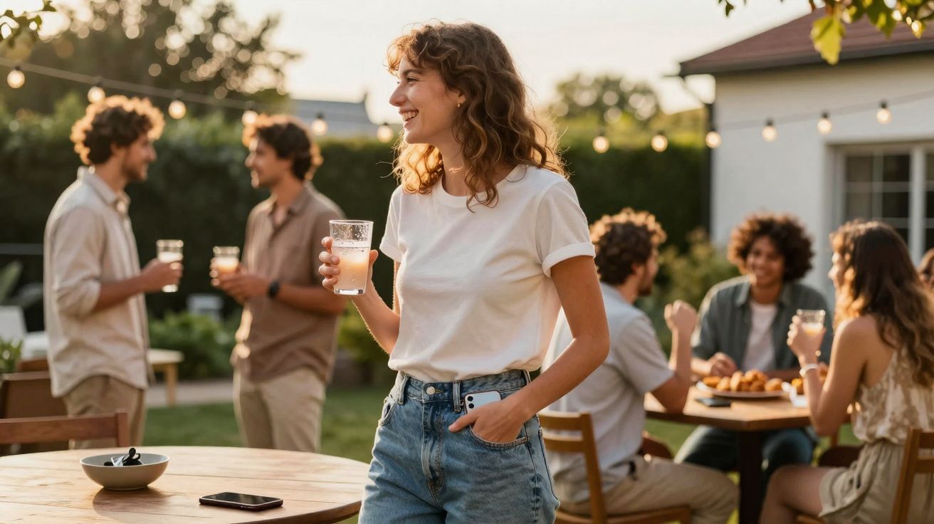 Mulher sorrindo segura copo em festa ao ar livre com grupo de amigos conversando e comendo.