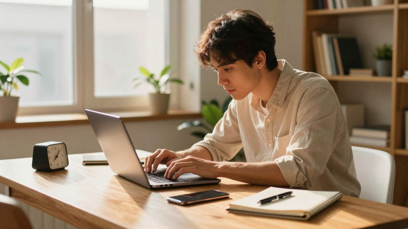 Jovem concentrado utilizando laptop em mesa de madeira com caderno, celular e relógio em ambiente iluminado.