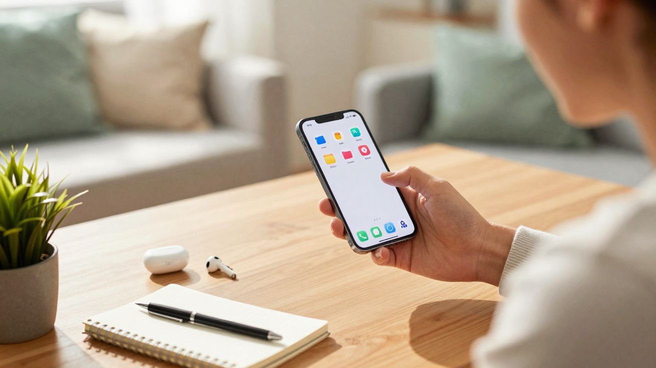 Pessoa segurando celular com tela de aplicativos, sobre mesa com caderno, caneta, fone e planta.