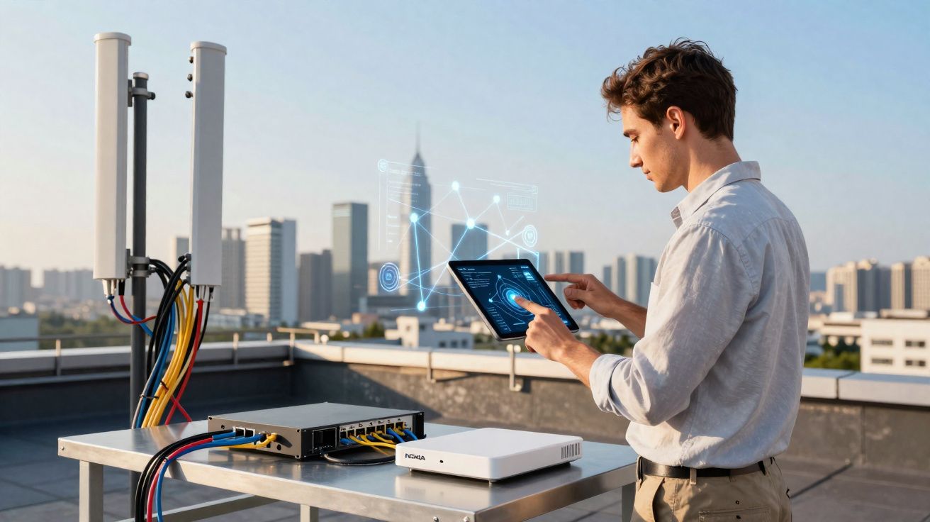 Homem usando tablet para configurar equipamentos de rede em telhado com cidade ao fundo.