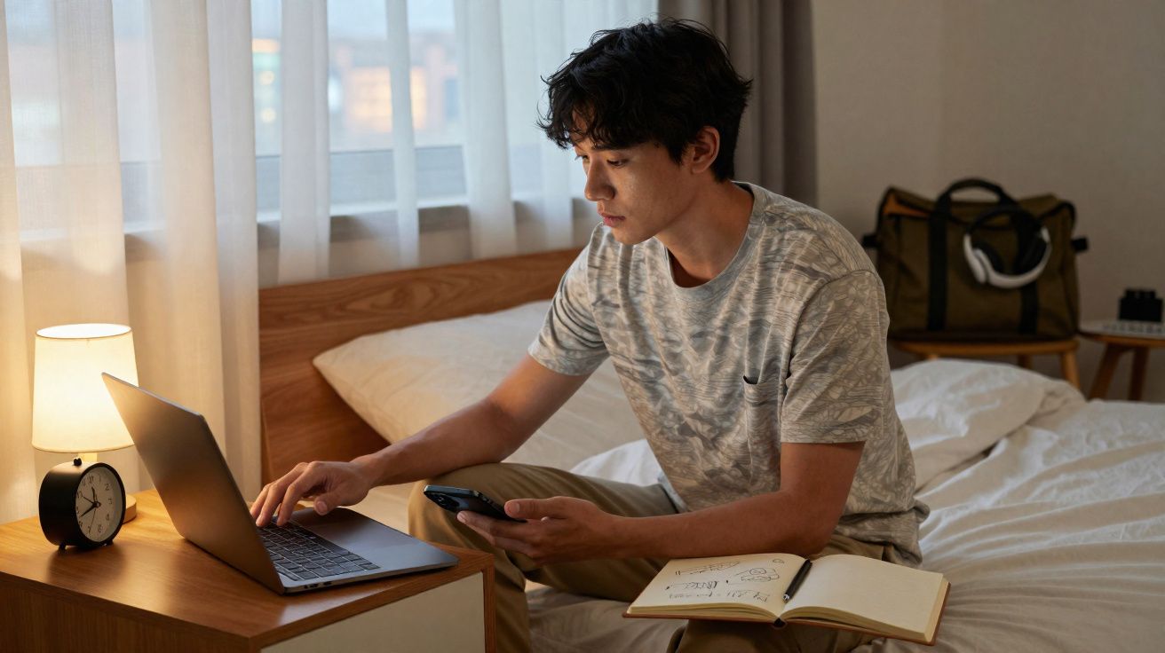 Homem sentado na cama usando laptop e celular, com caderno aberto ao lado em quarto iluminado.