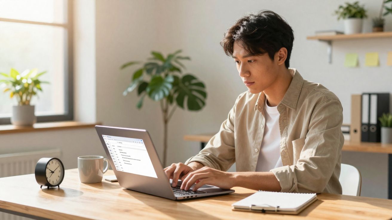 Jovem trabalhando no computador em mesa com relógio, caneca e caderno ao lado em ambiente iluminado.
