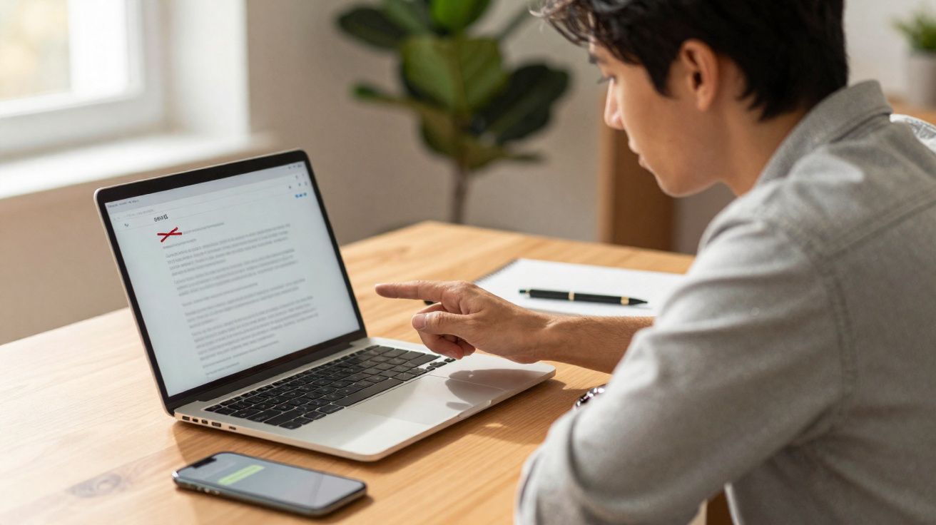 Homem sentado à mesa revisando texto no laptop com telefone e caneta ao lado, ambiente iluminado.