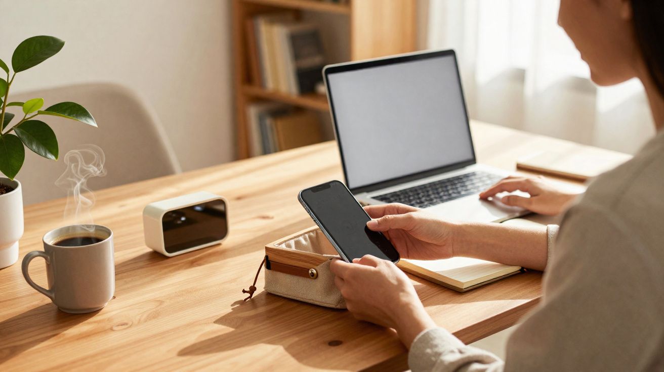 Pessoa usando celular com laptop, café quente e planta sobre mesa de madeira clara em ambiente iluminado
