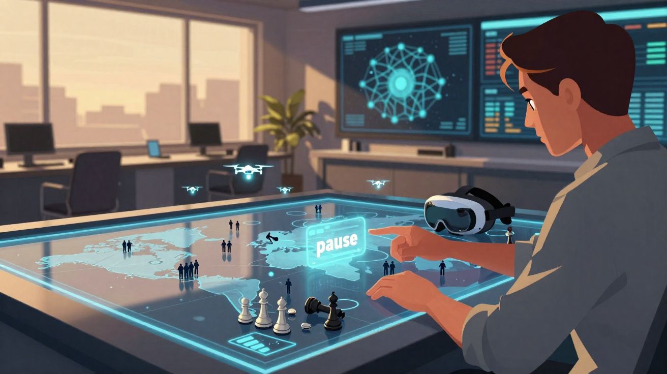 Homem interage com mesa holográfica mostrando jogo de xadrez e drones em ambiente de escritório moderno.