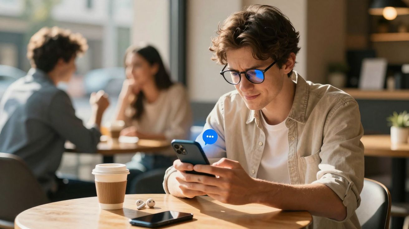Jovem com óculos sentado em café usando celular, com copo de café e fones na mesa.