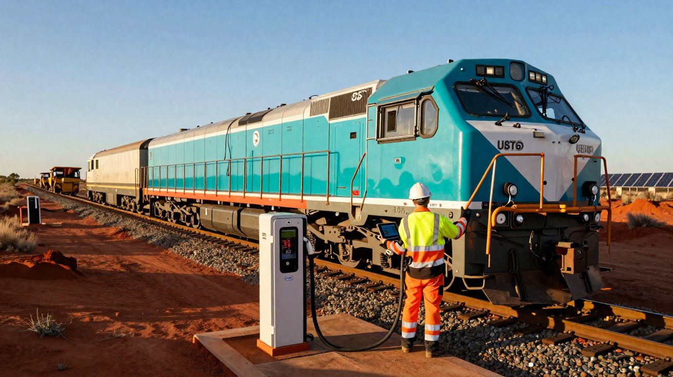 Locomotiva azul sendo abastecida por trabalhador com colete refletivo em área desértica.