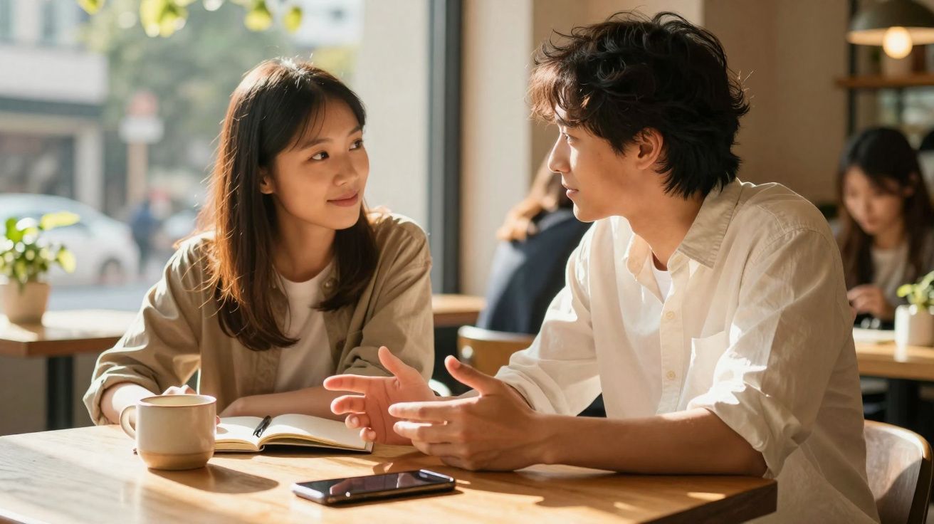 Jovem homem e mulher conversando em cafeteria com luz natural, celular, caderno e xícara na mesa.