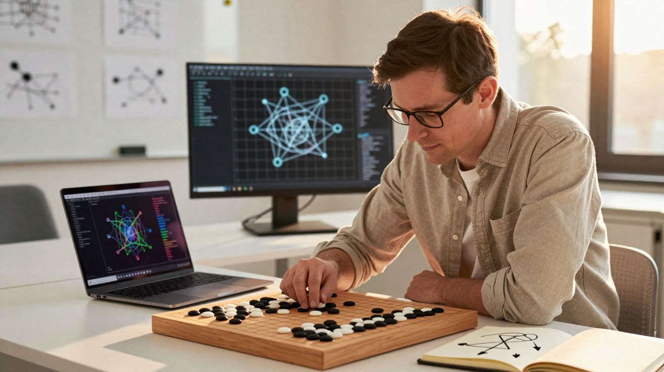 Homem sentado jogando Go com tabuleiro de madeira e gráficos de dados em telas ao fundo.