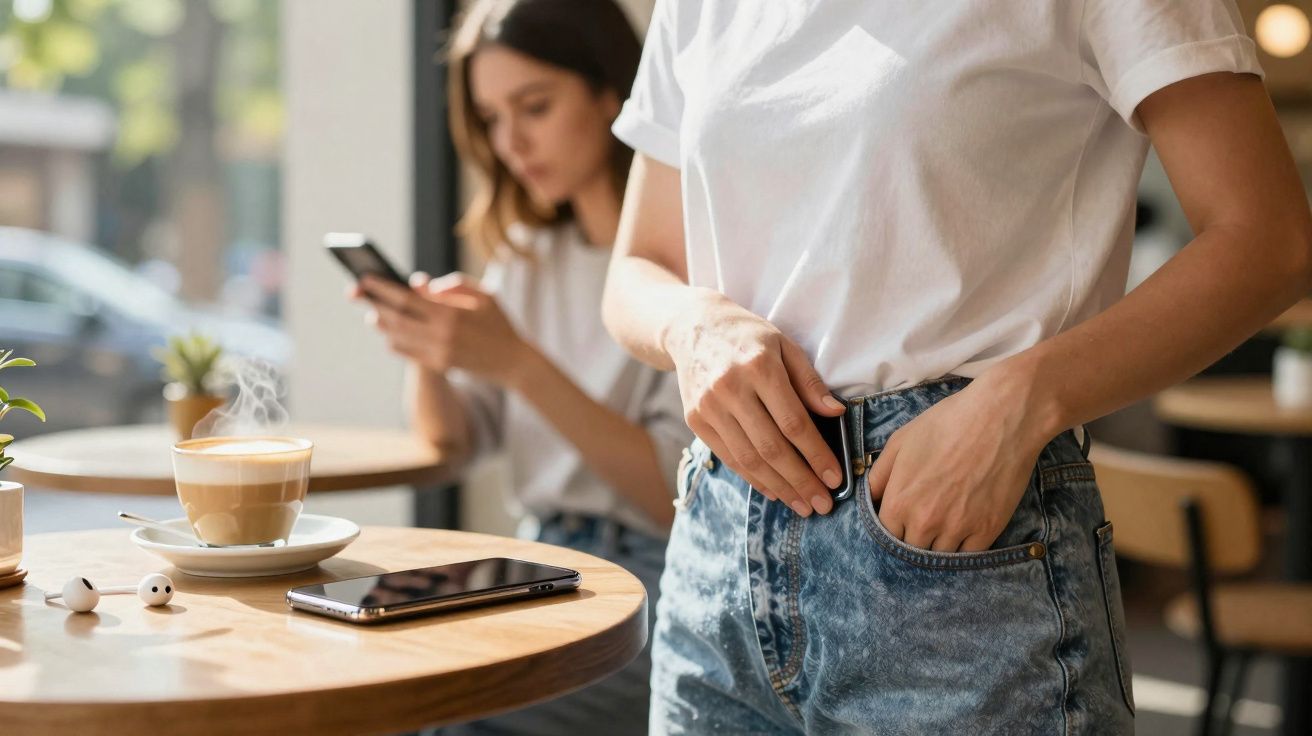 Pessoa guardando celular no bolso em cafeteria, mesa com café, fones e celular, outra pessoa ao fundo usando celular.