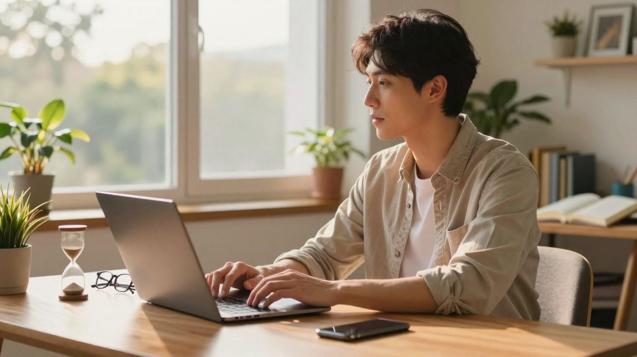 Jovem trabalhando em laptop próximo a janela, com plantas e objetos sobre a mesa em ambiente iluminado.