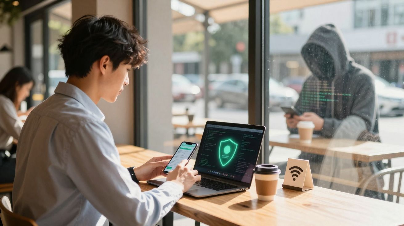 Homem usando celular e laptop com tela de segurança contra hacker em cafeteria iluminada.