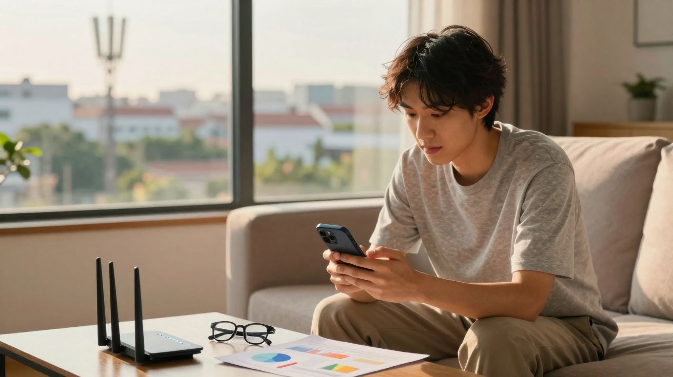 Jovem sentado no sofá usando celular com roteador e gráficos sobre mesa em sala iluminada.