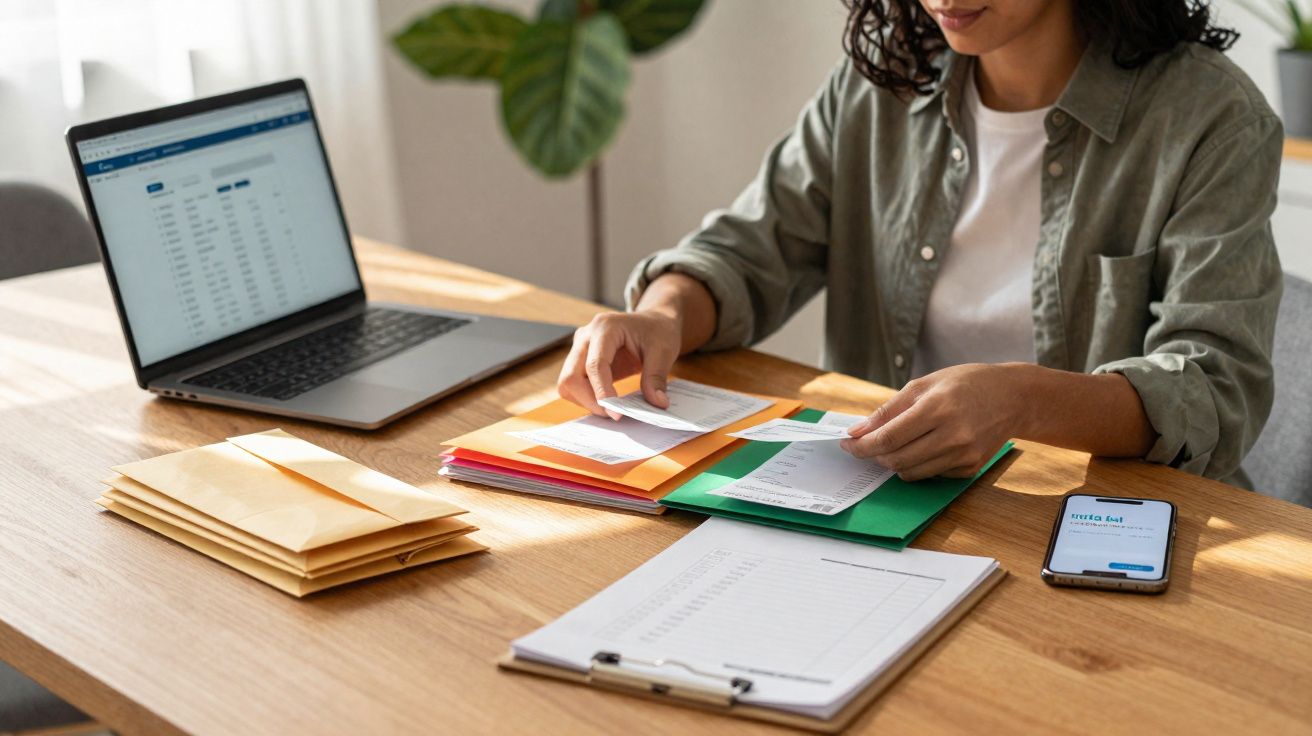 Pessoa organizando documentos e recibos em pastas coloridas com laptop e celular em mesa de madeira.