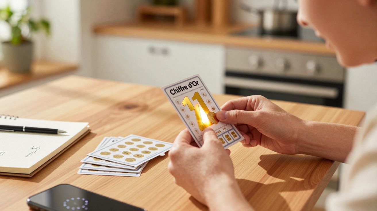 Pessoa raspa cartão dourado de raspadinha com números em mesa de madeira na cozinha.