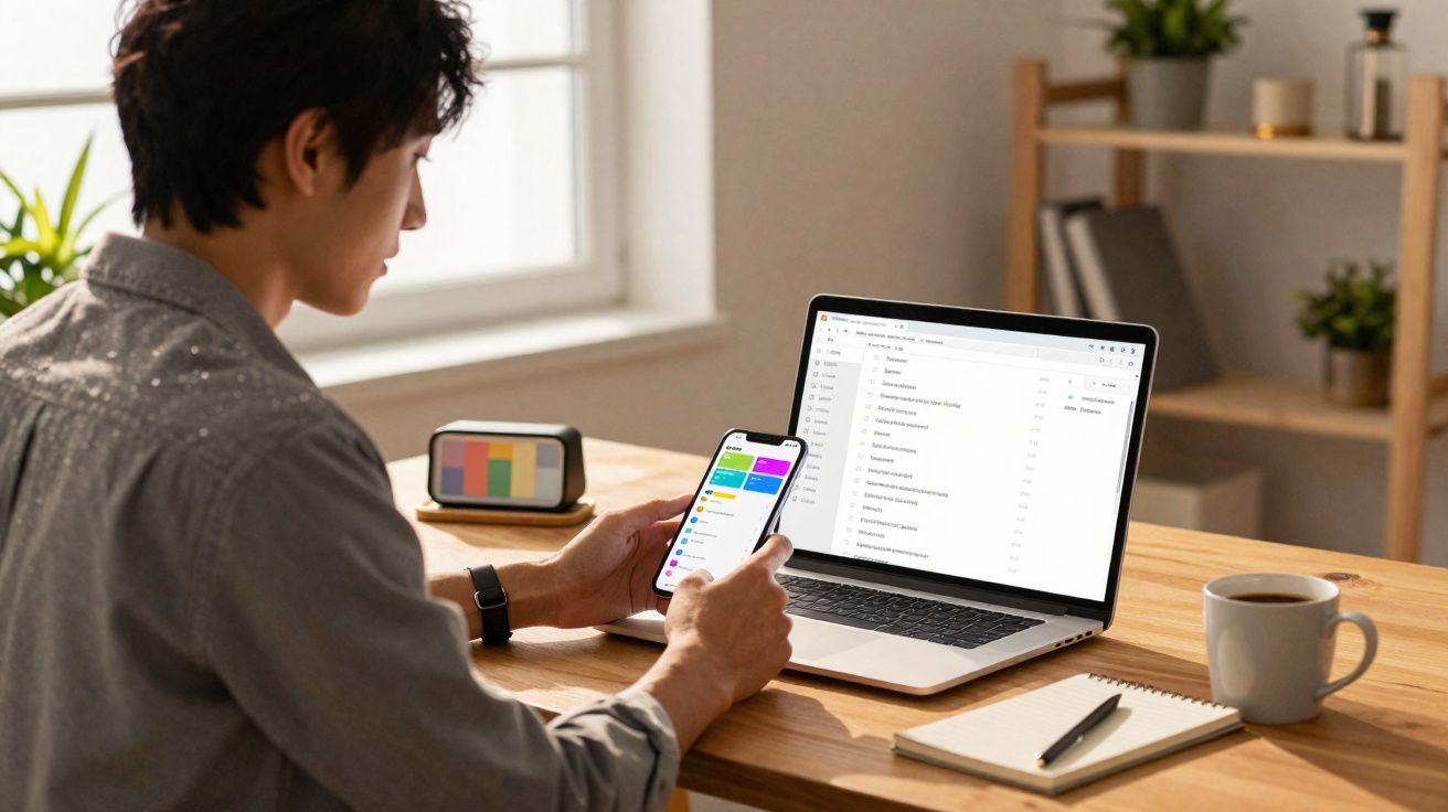 Pessoa usando smartphone e laptop na mesa de trabalho com caderno, caneca e plantas ao fundo.