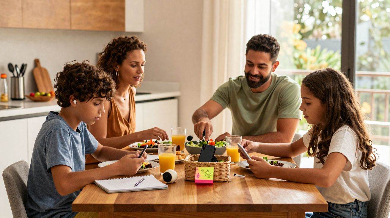 Família de quatro pessoas usando celulares durante o café da manhã à mesa na cozinha iluminada.