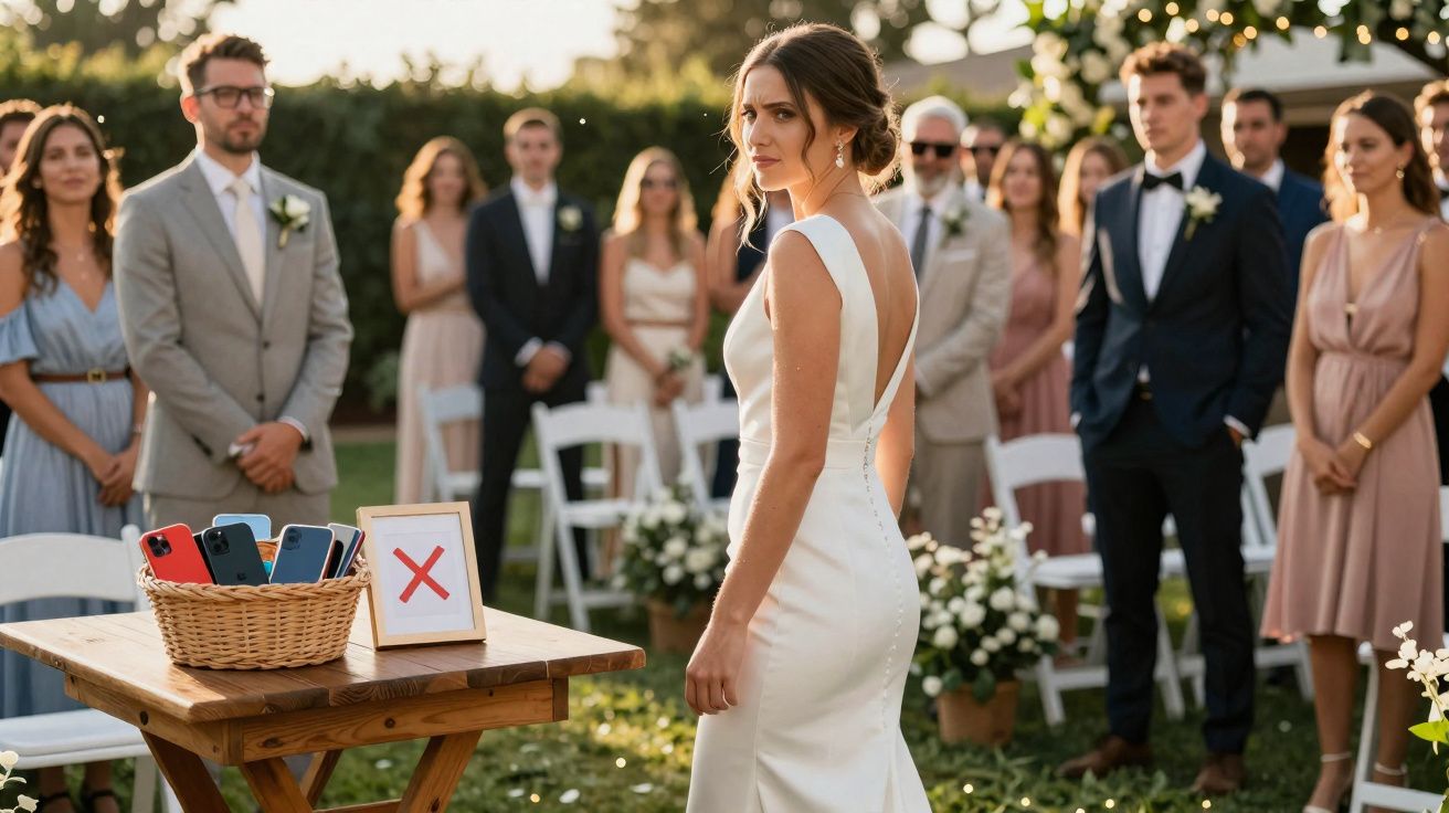 Noiva em vestido branco olhando para a mesa com cesta de celulares e placa com X durante cerimônia ao ar livre.