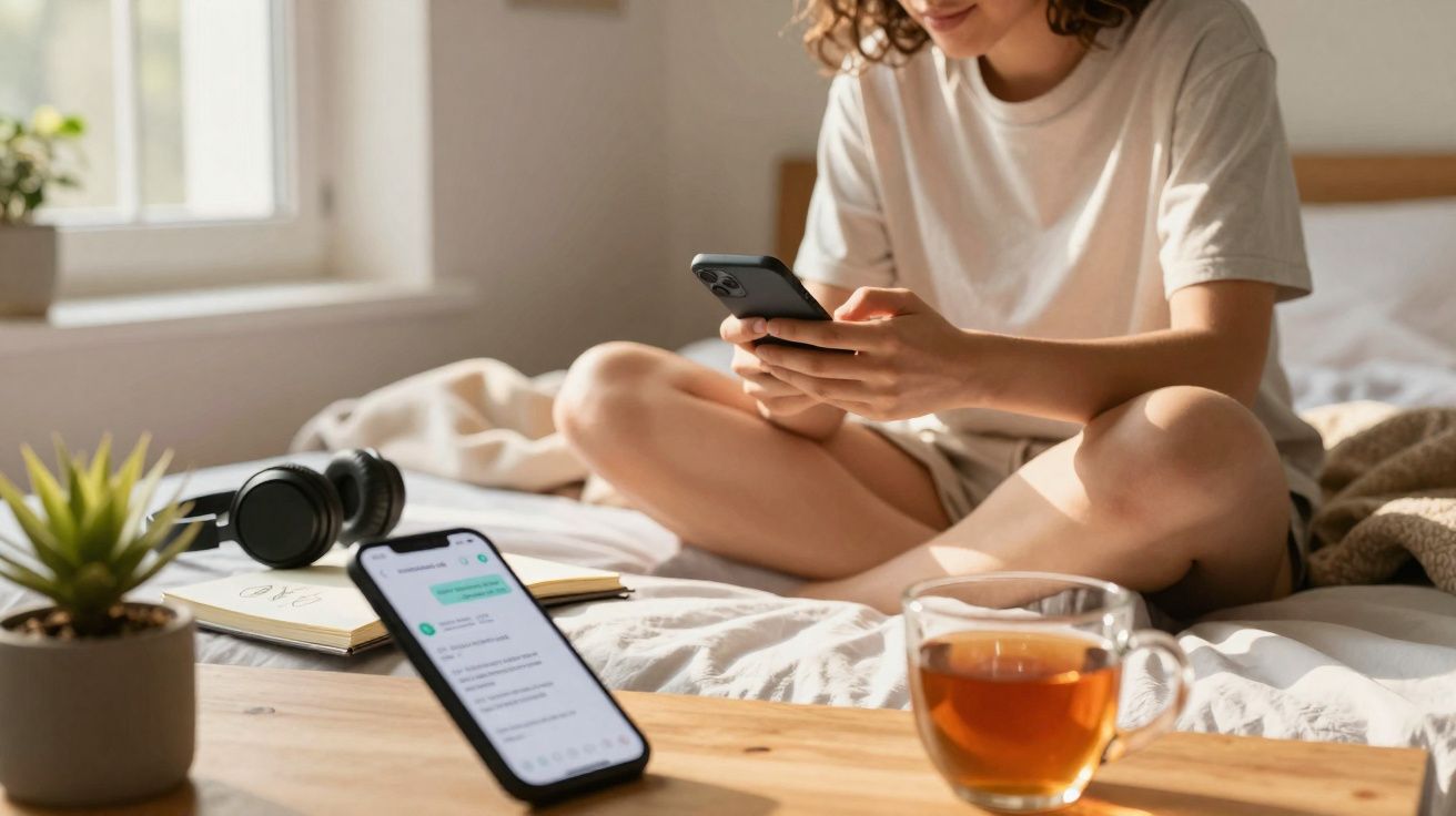 Pessoa sentada na cama mexendo no celular com uma xícara de chá, fones e celular sobre a mesa à frente.